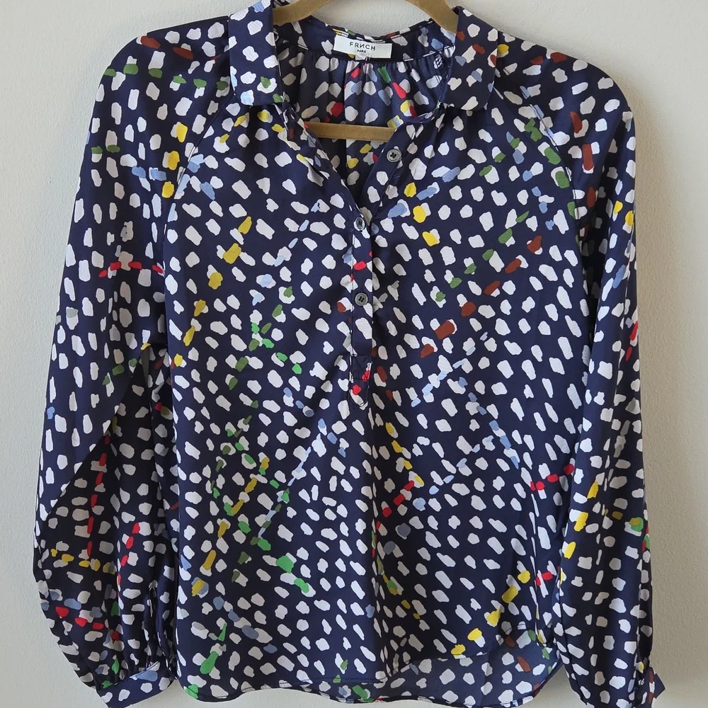 FRNCH Paris Womens Abstract Satin‎ Button Up Henly Blouse Size X-Small